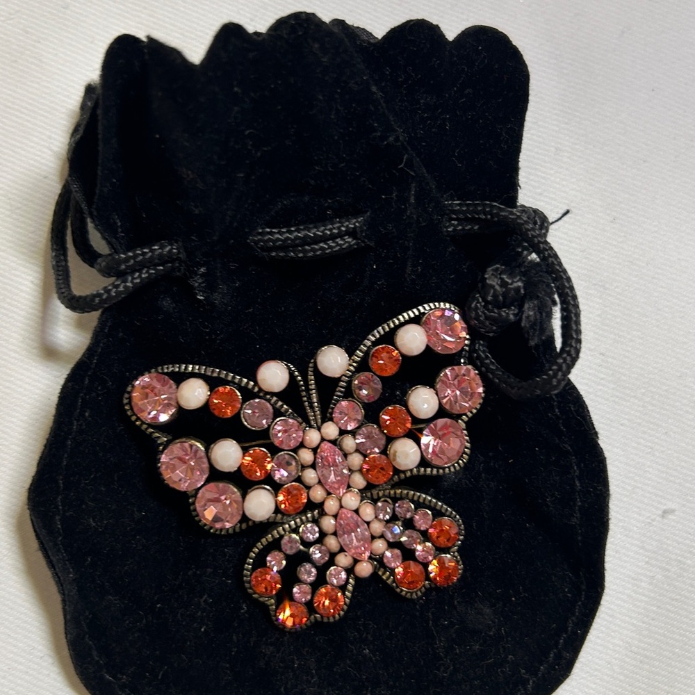 Vintage Rhinestone Butterfly Brooch – Pink & Coral Crystals – Statement Pin
